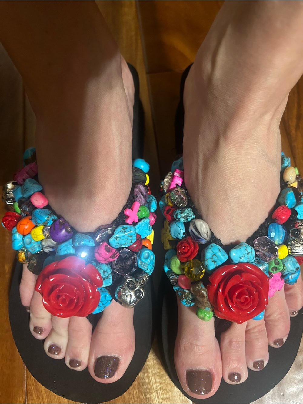 Nomad Black Sandals with Red Rose and Multicolor Bead Embellishments